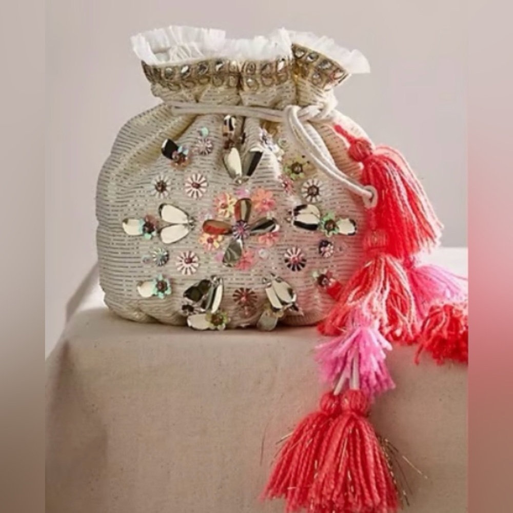 NWT Free People 9 x 9 Seasons Sparkle Gift Sack Bag Pom Fringe New